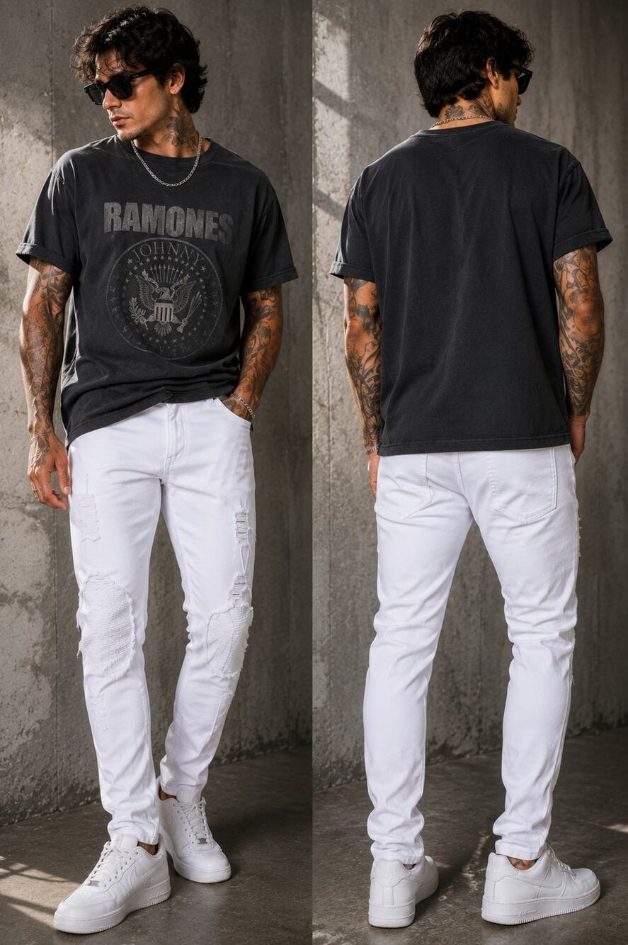 Men’s White Ripped Moto Biker Jeans Distressed Ribbed Panel Streetwear